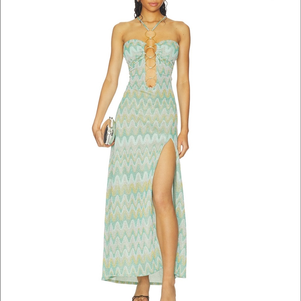 Luli Fama Lucid Waters Halter Ring Long Dress in Aqua Multi